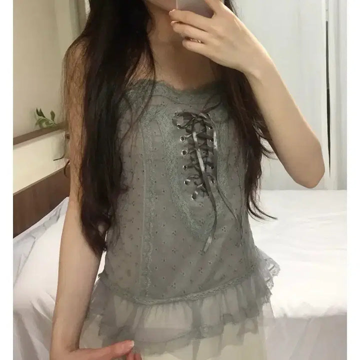 [BUNJANG] Omut Lace Eyelet Bustier Tank Top / 에이블리 오무트 레이스 아일렛 뷔스티에 나시