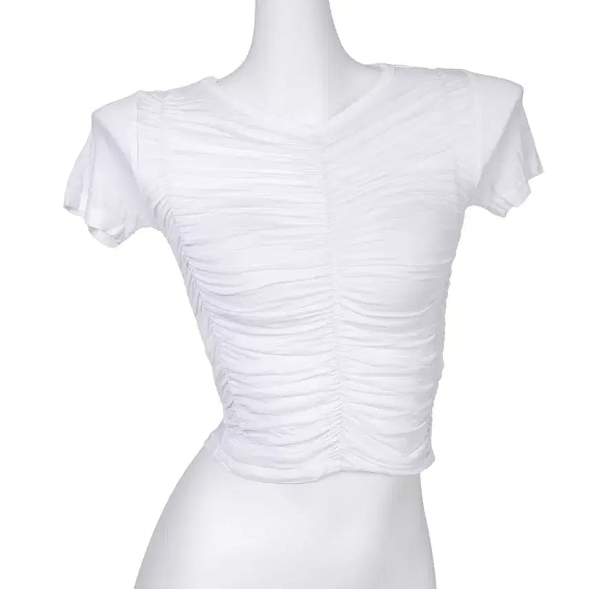 [BUNJANG] White Shirring Short-Sleeve Cropped T-Shirt / [새상품/바로발송] 화이트 셔링 반팔 크롭 티셔츠