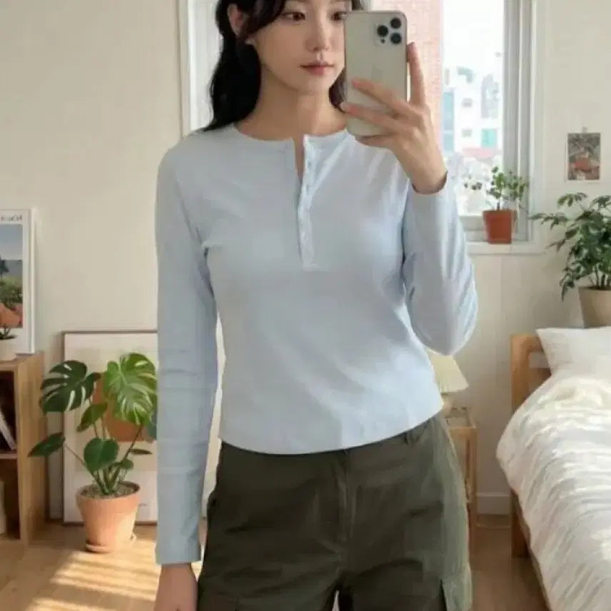 [SOLD OUT] (새상품, 스카이블루 색상) 유니클로 립 헨리넥 긴팔티셔츠