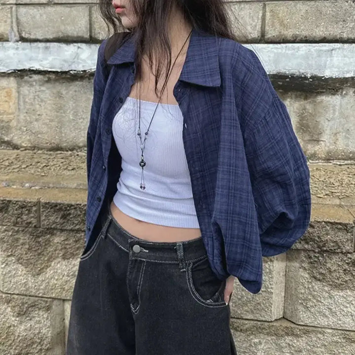 [SOLD OUT] 데일리 루즈핏 보이핏 오버핏 네이비 체크 셔츠 남방
