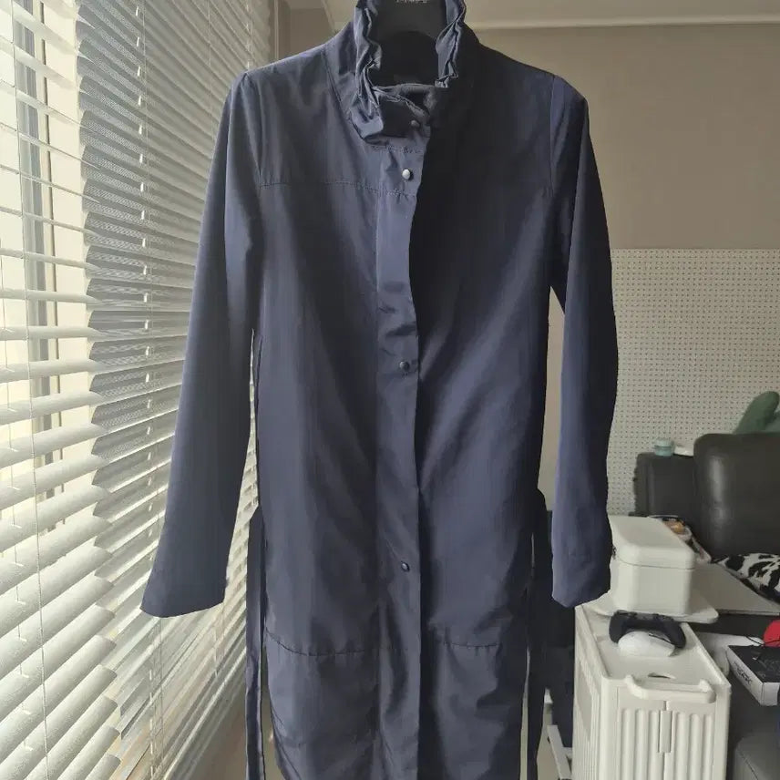 [BUNJANG] Navy High-Neck Spring Trench Coat / 홑겹아님)네이비 하이넥 봄 트렌치 코트, 바람막이 (허리끈 포함)S 55