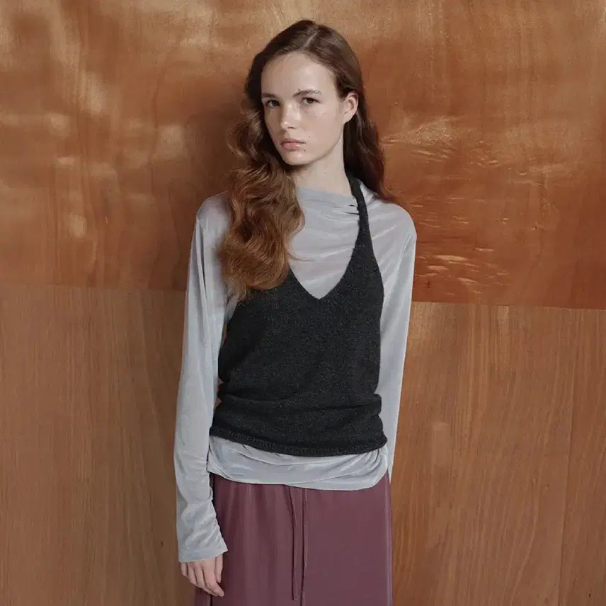 [BUNJANG] Arto Velvet Shirring Long Sleeve Top / 아르토 벨벳 셔링 롱슬리브티 그레이