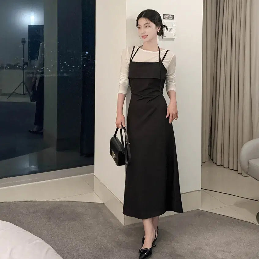 [BUNJANG] Black Halter Neck Layered Long Dress / 홀터넥 레이어드 롱 원피스 블랙 하객룩 여성