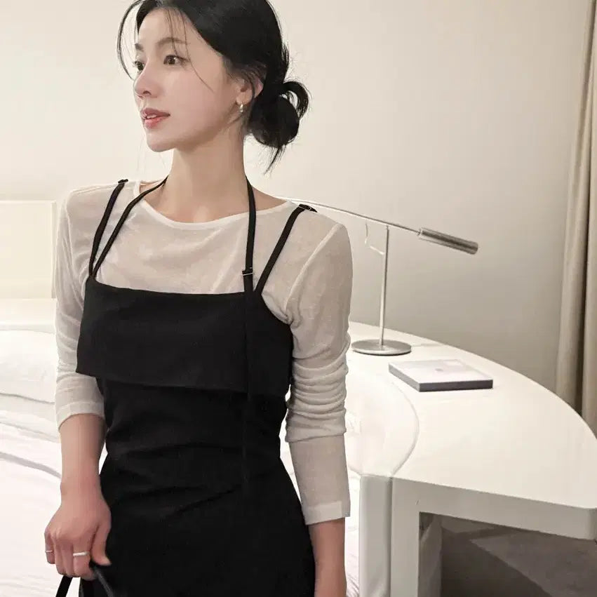 [BUNJANG] Black Halter Neck Layered Long Dress / 홀터넥 레이어드 롱 원피스 블랙 하객룩 여성