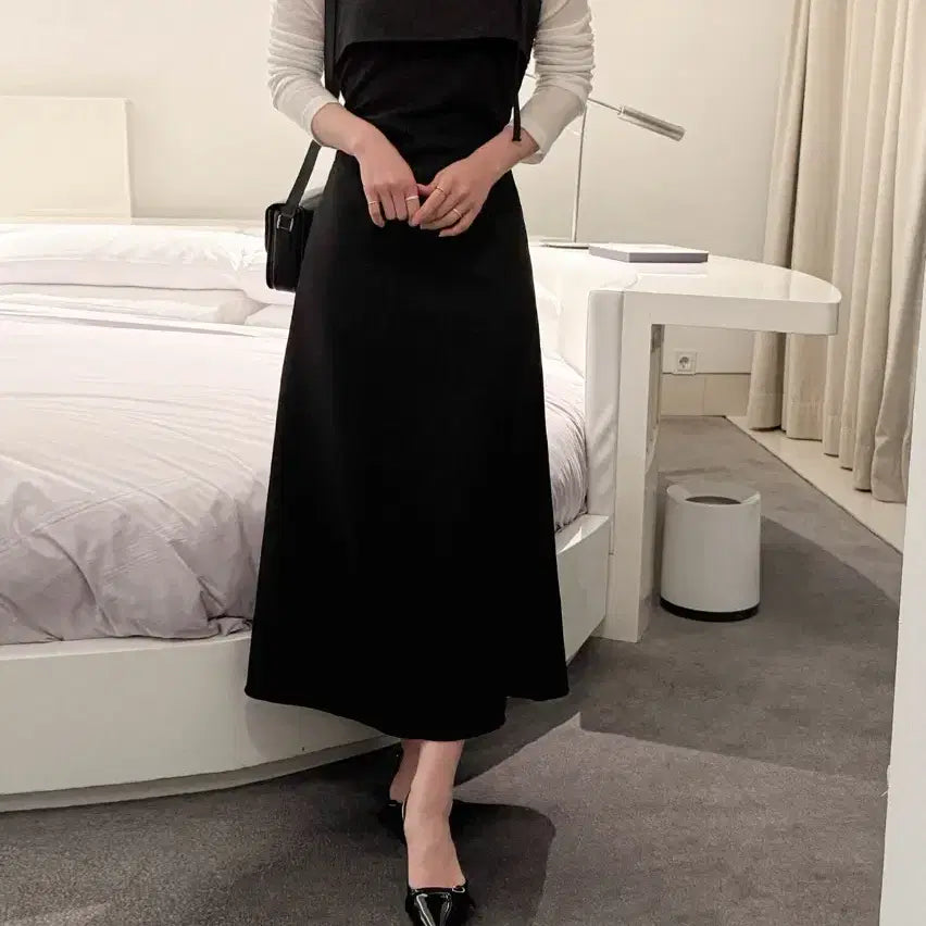 [BUNJANG] Black Halter Neck Layered Long Dress / 홀터넥 레이어드 롱 원피스 블랙 하객룩 여성