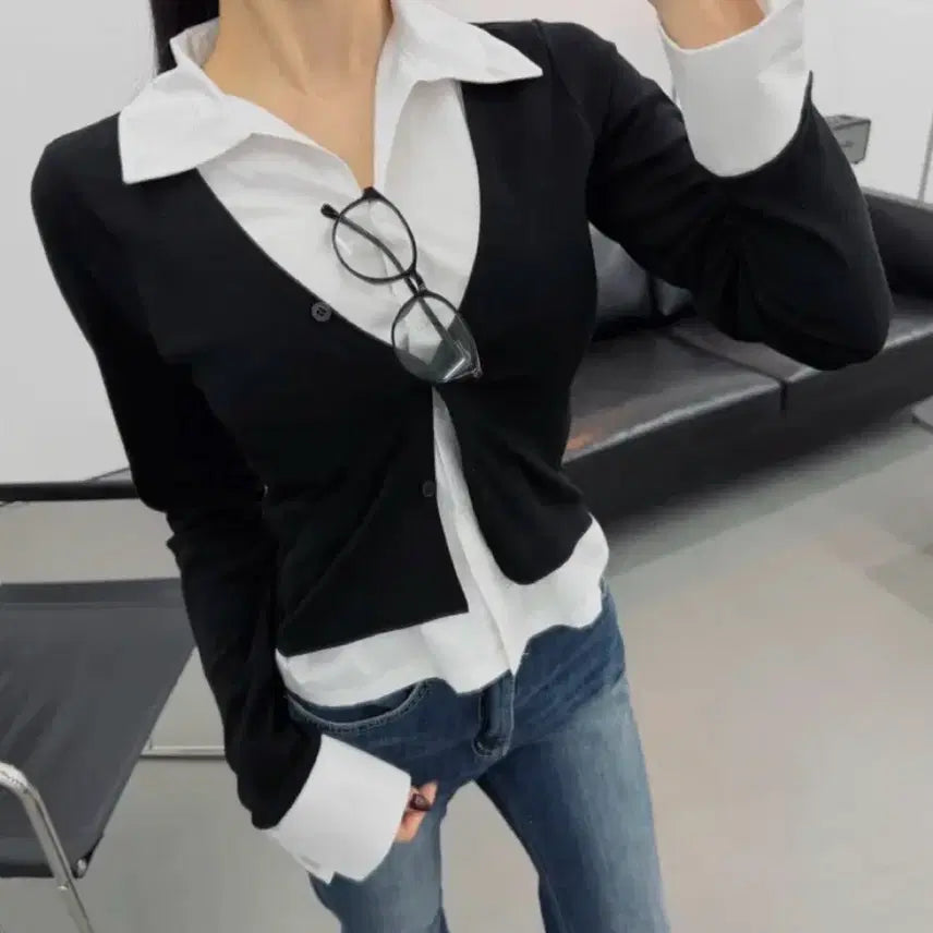 [BUNJANG] Eldin Layered Shirt Cardigan / 엘딘 레이어드 셔츠 가디건
