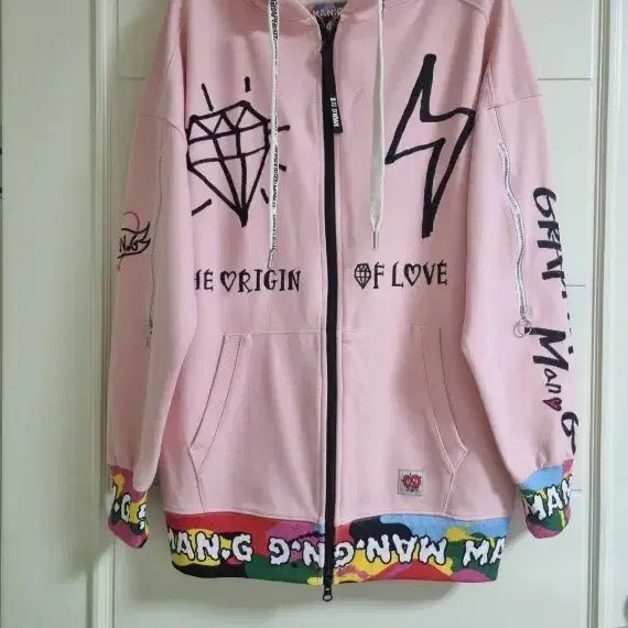 [BUNJANG] MAN.G Embroidered Pink Hoodie Zip-up / MAN.G 핑크 자수 후드집업