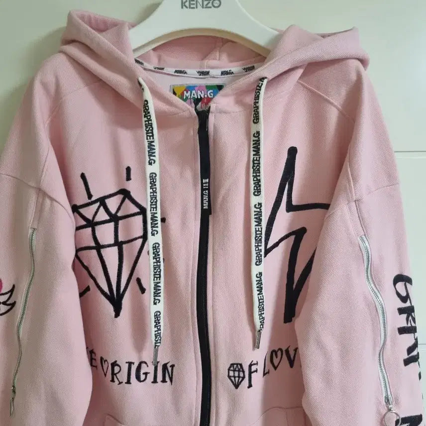 [BUNJANG] MAN.G Embroidered Pink Hoodie Zip-up / MAN.G 핑크 자수 후드집업