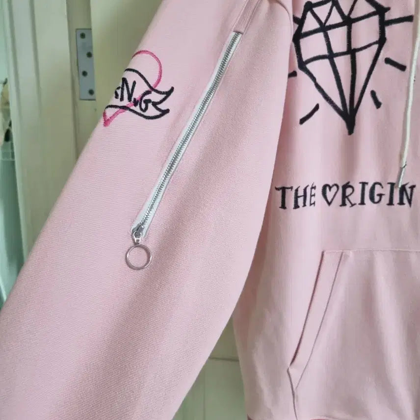 [BUNJANG] MAN.G Embroidered Pink Hoodie Zip-up / MAN.G 핑크 자수 후드집업