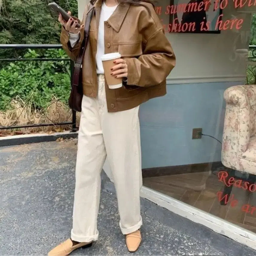 [BUNJANG] Brown Leather Crop Jacket / 브라운 레더 크롭 자켓