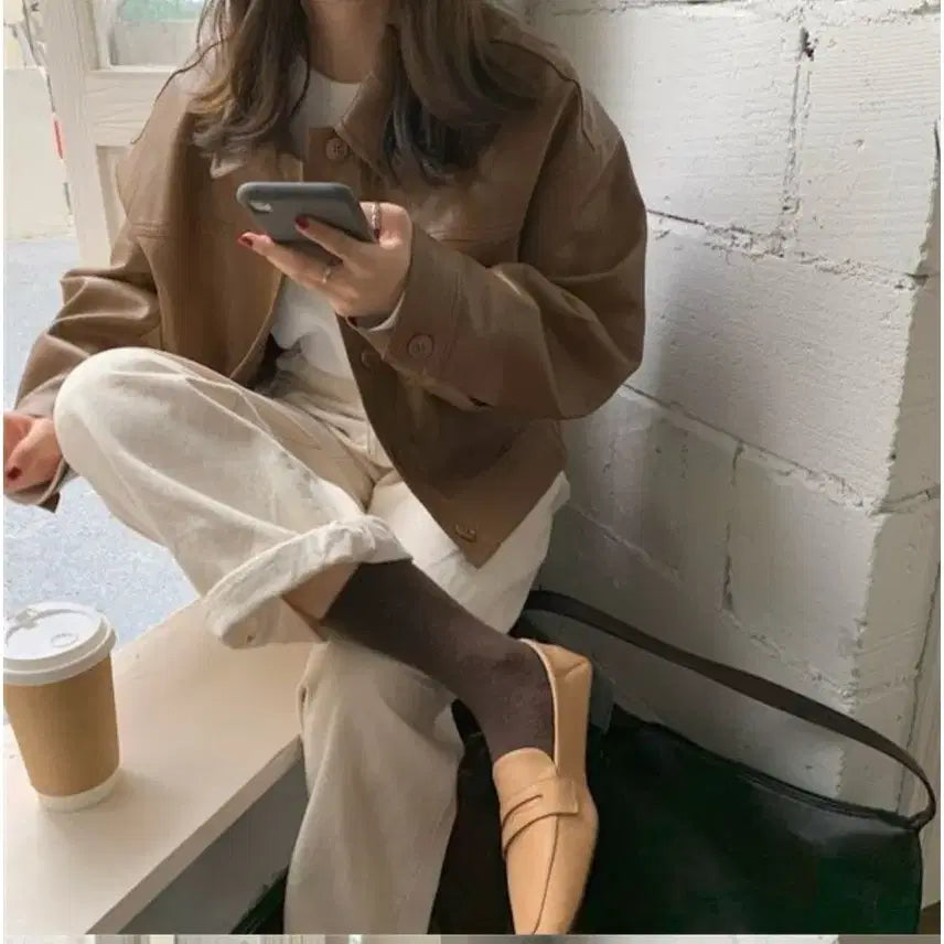 [BUNJANG] Brown Leather Crop Jacket / 브라운 레더 크롭 자켓