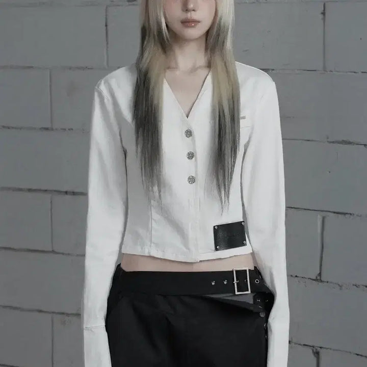 [BUNJANG] EtOsoMe Back Diagonal Eyelet Collarless Shirt / 에트오소메 Back Diagonal Eyelet Collarless