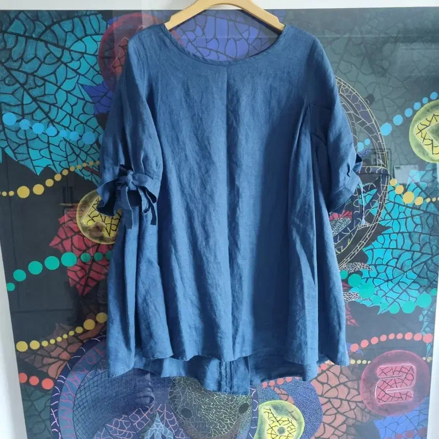 [BUNJANG] Blue Ribbon Linen Blouse / 블루 리본 매듭 린넨 마  블라우스 66~77