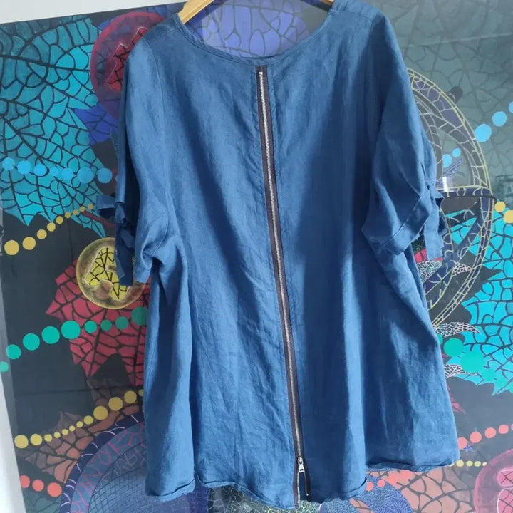 [BUNJANG] Blue Ribbon Linen Blouse / 블루 리본 매듭 린넨 마  블라우스 66~77