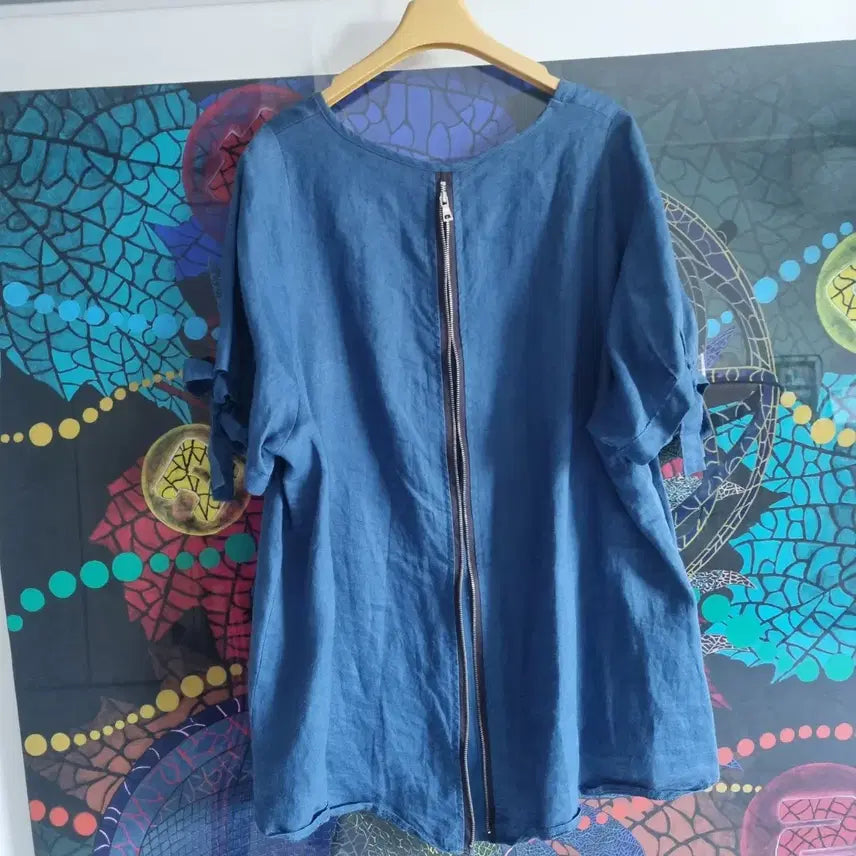 [BUNJANG] Blue Ribbon Linen Blouse / 블루 리본 매듭 린넨 마  블라우스 66~77
