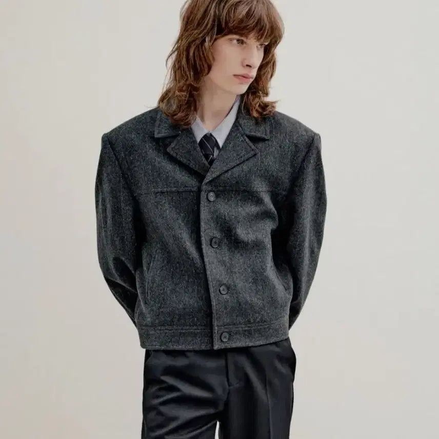 [BUNJANG] Elmood Narcisse Stripe Wool Trucker Jacket Metal Gray / [엘무드] 나르시 스트라이프 울 트러커 자켓 메탈그레이