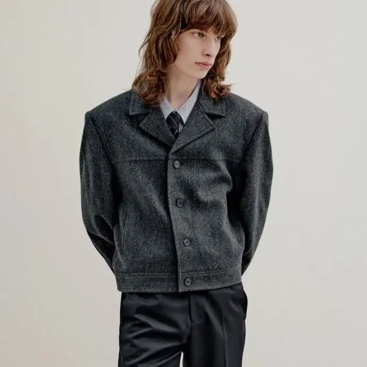 [BUNJANG] Elmood Narcisse Stripe Wool Trucker Jacket Metal Gray / [엘무드] 나르시 스트라이프 울 트러커 자켓 메탈그레이
