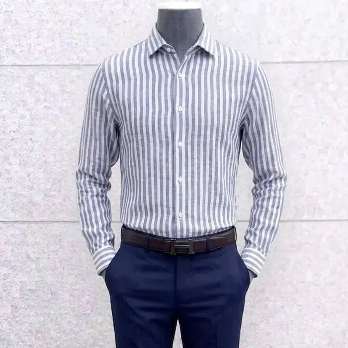 [BUNJANG] Z ZIOZIA Navy Stripe Breeze Linen Cotton Shirt / 지오지아 And Z/네이비 스트라이프 브리즈 린넨 코튼 셔츠/100
