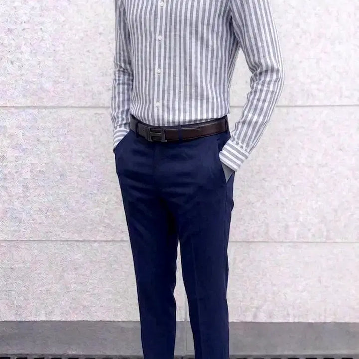 [BUNJANG] Z ZIOZIA Navy Stripe Breeze Linen Cotton Shirt / 지오지아 And Z/네이비 스트라이프 브리즈 린넨 코튼 셔츠/100