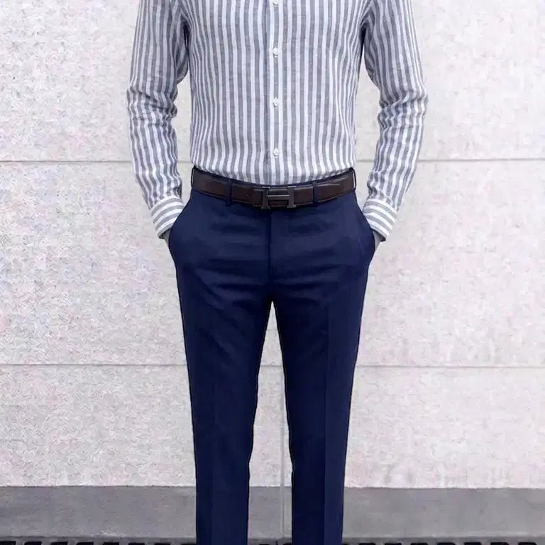 [BUNJANG] Z ZIOZIA Navy Stripe Breeze Linen Cotton Shirt / 지오지아 And Z/네이비 스트라이프 브리즈 린넨 코튼 셔츠/100