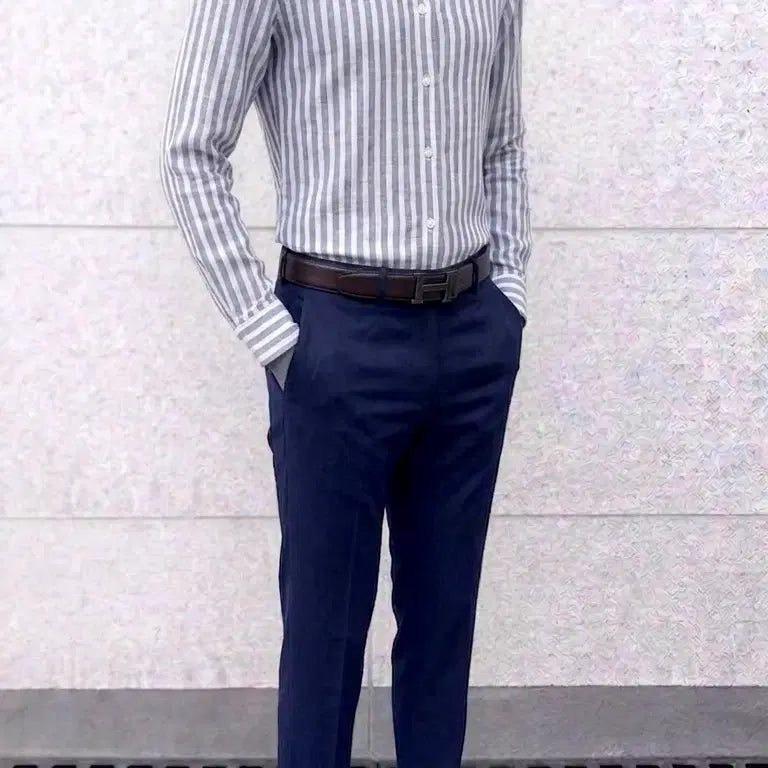 [BUNJANG] Z ZIOZIA Navy Stripe Breeze Linen Cotton Shirt / 지오지아 And Z/네이비 스트라이프 브리즈 린넨 코튼 셔츠/100