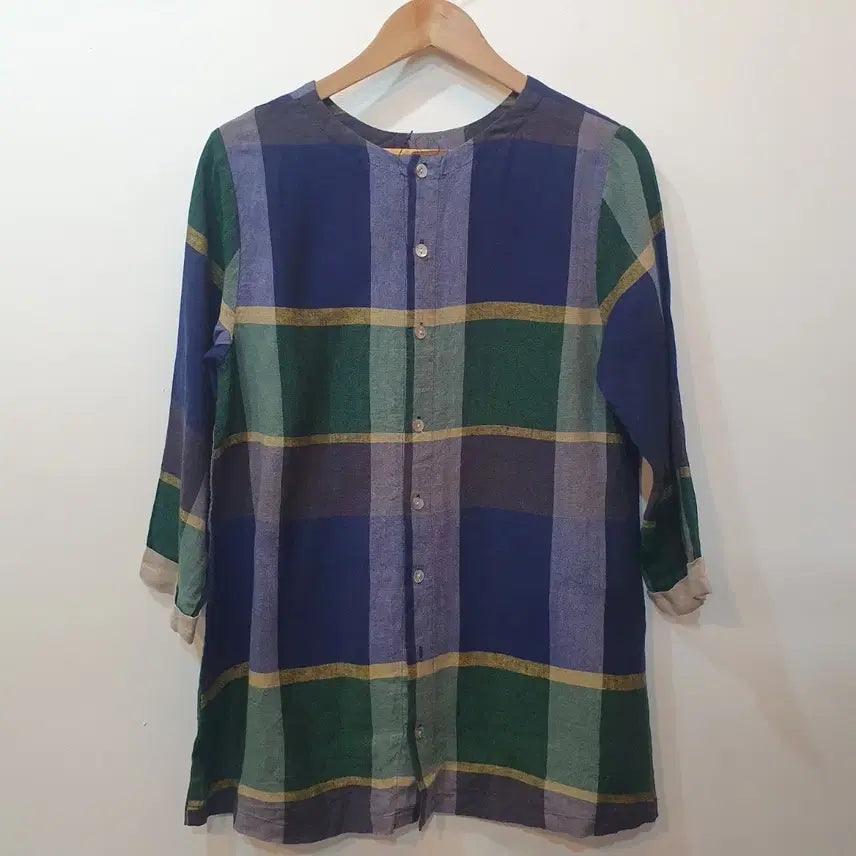 [BUNJANG] Vintage Check Linen Long Blouse / 빈티지 체크 린넨 롱 블라우스