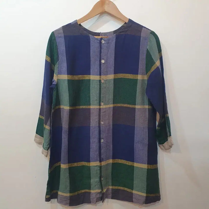 [BUNJANG] Vintage Check Linen Long Blouse / 빈티지 체크 린넨 롱 블라우스