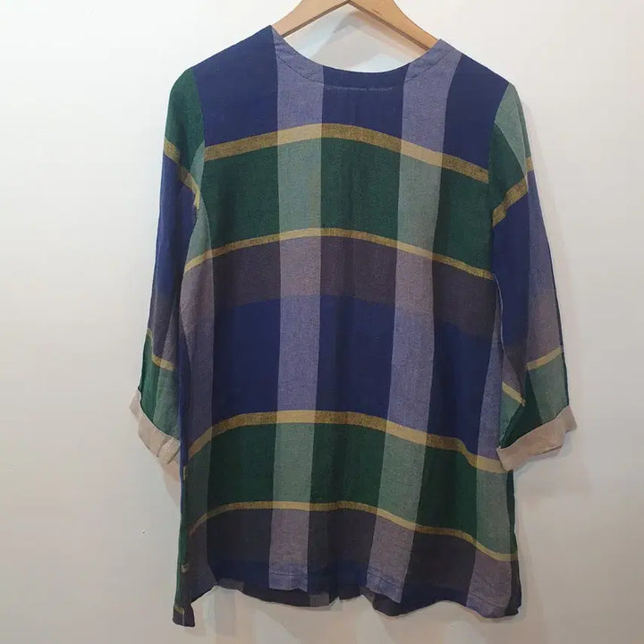 [BUNJANG] Vintage Check Linen Long Blouse / 빈티지 체크 린넨 롱 블라우스