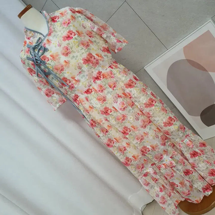 [BUNJANG] Watercolor Floral Long Dress / 새상품] 화사한 수채화 플라워 롱 원피스 (생활한복 스타일)