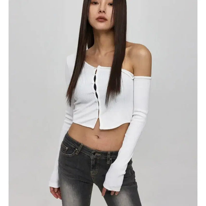[BUNJANG] BlackUp Fuse Unbalance Button Cardigan - White / 새상품) 블랙업 [MADE] 퓨즈안 언발 버튼 가디건 오프숄더 - 화이트
