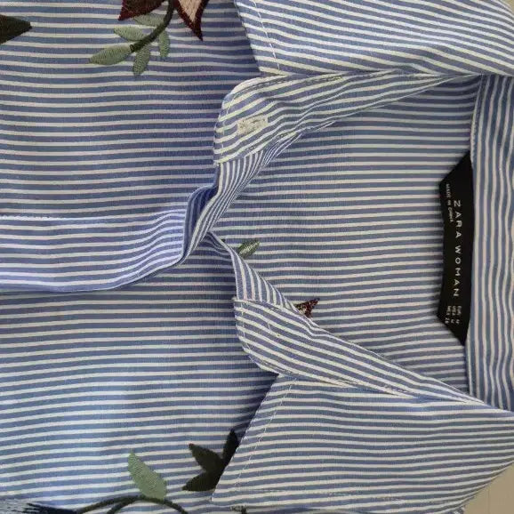 [BUNJANG] ZARA Striped Embroidered Shirt / 자라 스트라이프 자수 셔츠