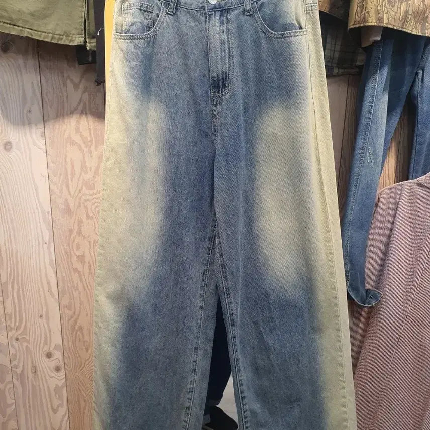 [BUNJANG] Vintage Yellow Brush Wide Denim Pants / (상태좋음) 옐로우 브러쉬 빈티지 와이드 데님 팬츠 M
