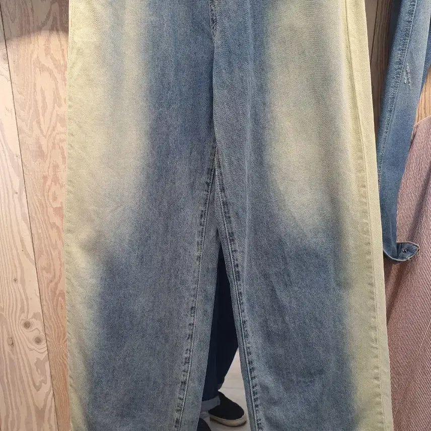 [BUNJANG] Vintage Yellow Brush Wide Denim Pants / (상태좋음) 옐로우 브러쉬 빈티지 와이드 데님 팬츠 M