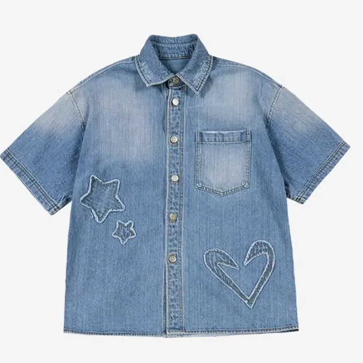 [BUNJANG] The Museum Visitor Denim Short Sleeve Shirt / 더뮤지엄비지터 데님 반팔 셔츠
