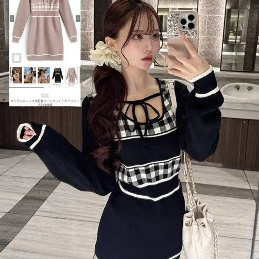 [SOLD OUT] 그레일 grl 리본깅엄체크 리본 니트 미니 원피스 L블랙 스나계 에블린