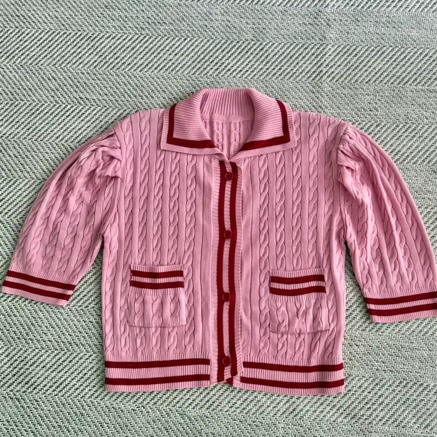 [BUNJANG] Lucky Chouette Red Skirt &amp; Pink Cable Knit Cardigan Set / 럭키슈에뜨 레드 스커트+ 예쁜 핑크색 케이블 니트 가디건 세트