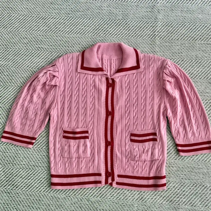[BUNJANG] Lucky Chouette Red Skirt &amp; Pink Cable Knit Cardigan Set / 럭키슈에뜨 레드 스커트+ 예쁜 핑크색 케이블 니트 가디건 세트