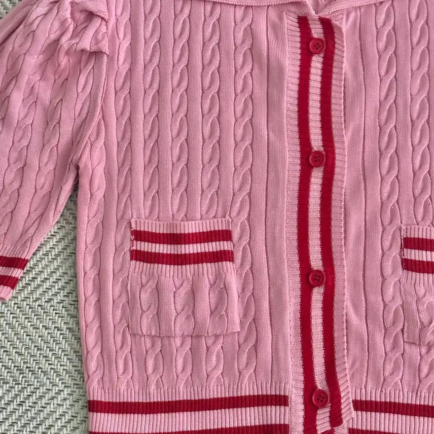 [BUNJANG] Lucky Chouette Red Skirt &amp; Pink Cable Knit Cardigan Set / 럭키슈에뜨 레드 스커트+ 예쁜 핑크색 케이블 니트 가디건 세트