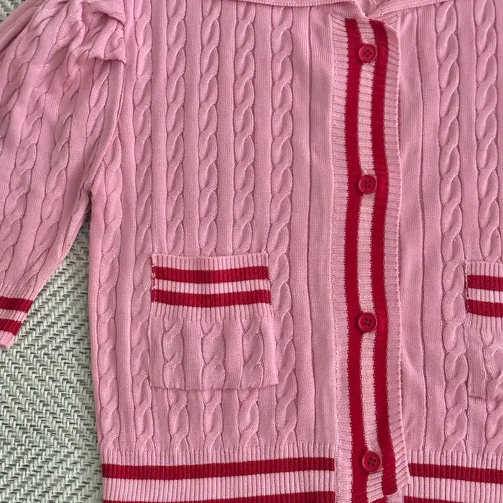 [BUNJANG] Lucky Chouette Red Skirt &amp; Pink Cable Knit Cardigan Set / 럭키슈에뜨 레드 스커트+ 예쁜 핑크색 케이블 니트 가디건 세트