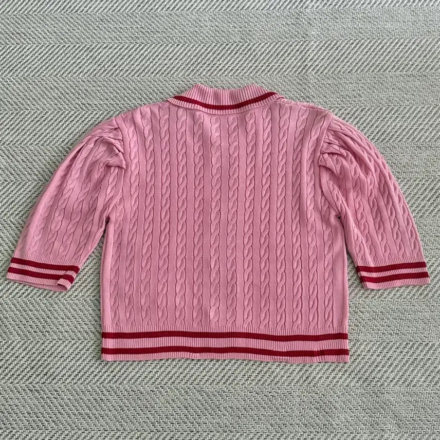 [BUNJANG] Lucky Chouette Red Skirt &amp; Pink Cable Knit Cardigan Set / 럭키슈에뜨 레드 스커트+ 예쁜 핑크색 케이블 니트 가디건 세트