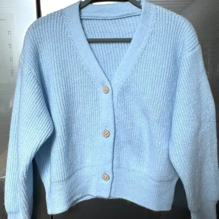 [BUNJANG] Sky Pastel Blue Cubic Button Crop Knit Cardigan / 스카이 파스텔 블루 하늘색 큐빅 버튼 크롭 니트 가디건