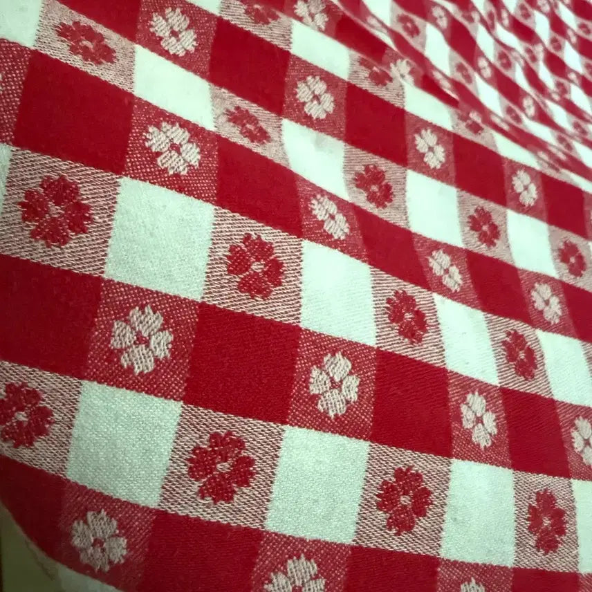 [BUNJANG] Vintage Tablecloth Floral Embroidered Red Checkered Cotton / 빈티지 테이블보