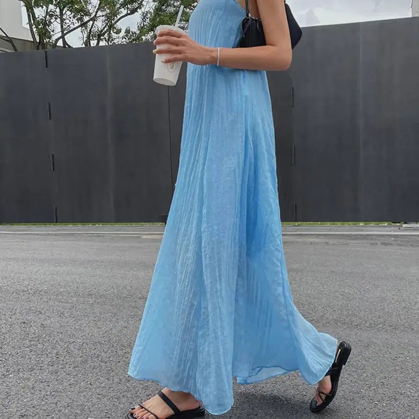 [BUNJANG] Sky Blue Long Cami Dress / 끈나시 롱 원피스 스카이블루 free