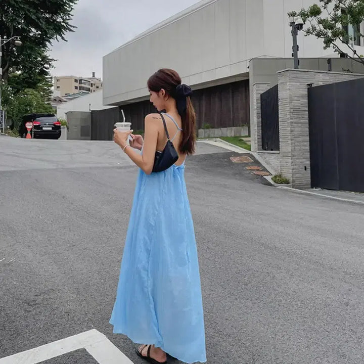 [BUNJANG] Sky Blue Long Cami Dress / 끈나시 롱 원피스 스카이블루 free
