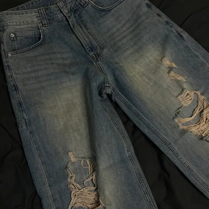 [BUNJANG] Knowun Distressed Wide Denim Pants / 노운 디스트로이드 와이드 데님(0)
