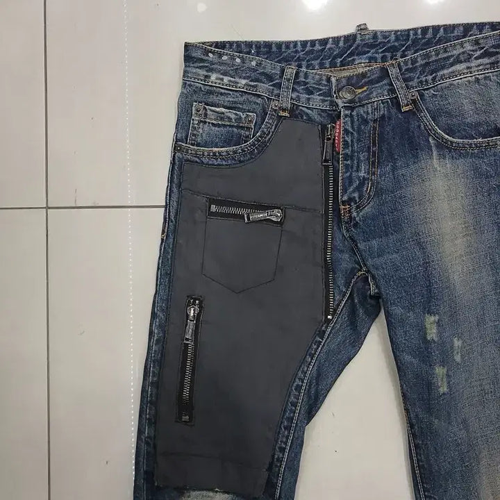 [BUNJANG] Vintage Biker Jeans / 슬림30사이즈 바이커느낌 청바지 지퍼장식 워싱 중고 빈티지 헤짐