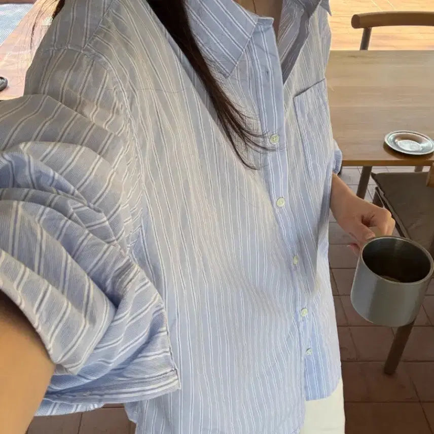 [BUNJANG] Flannel Stripe Shirt, Sky Blue, New / 플라넬 스트라이셔츠 소라 새상품