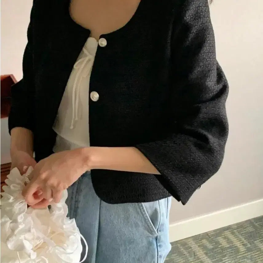 [BUNJANG] Miel Tweed Jacket / 택달린새상품) 미엘 miel 브레스자켓 블랙 노카라 7부 숏 트위드