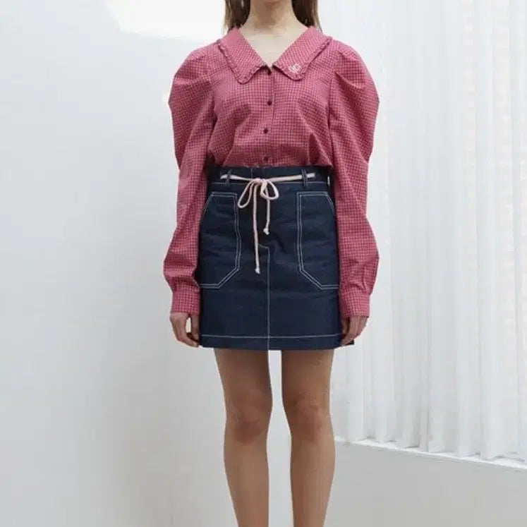 [BUNJANG] Near and Dear Checkered Puff Sleeve Blouse / 니어앤디어 퍼프소매 체크 블라우스55 66