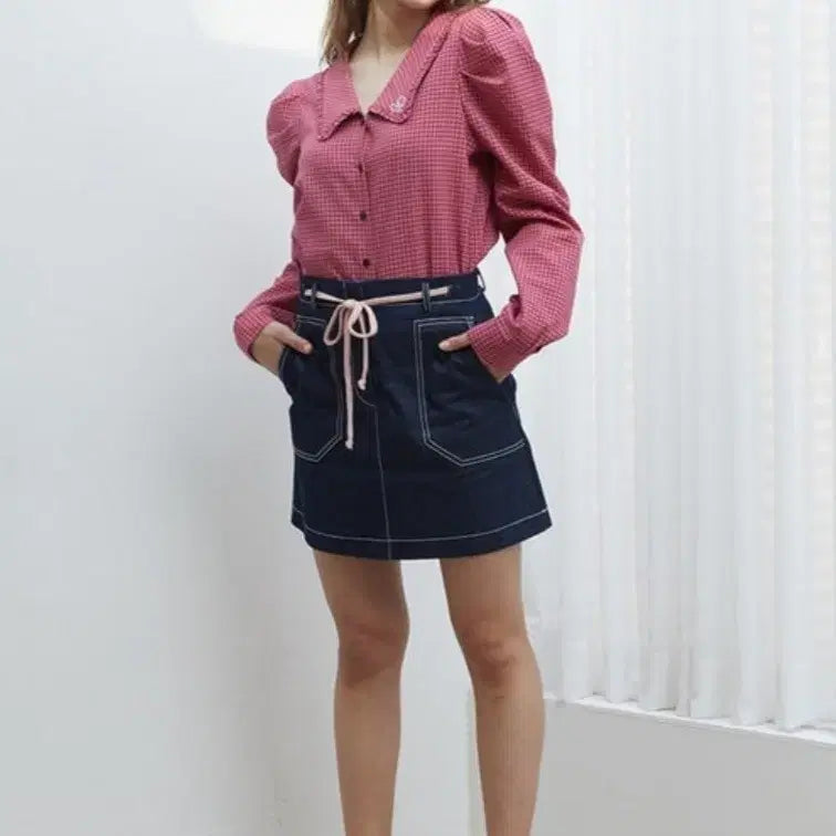 [BUNJANG] Near and Dear Checkered Puff Sleeve Blouse / 니어앤디어 퍼프소매 체크 블라우스55 66